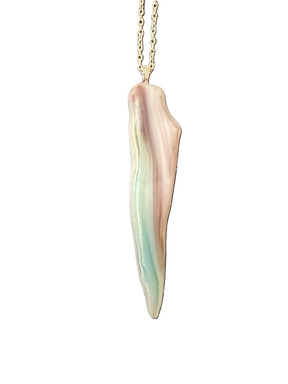 Pastel stained glass pendant on a gold chain.